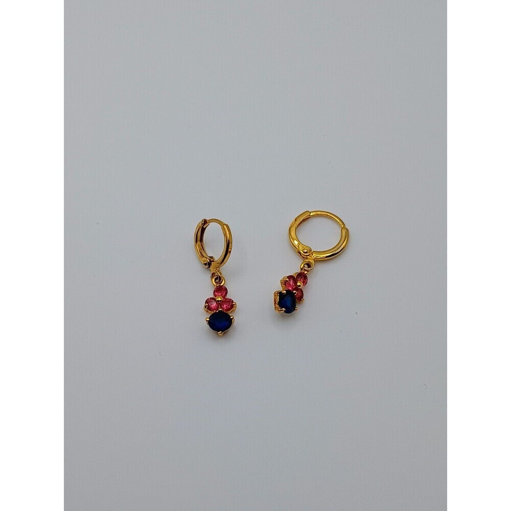 Gold Tone Blue And Pink Rhinestone Dangle Drop Hoop Earrings